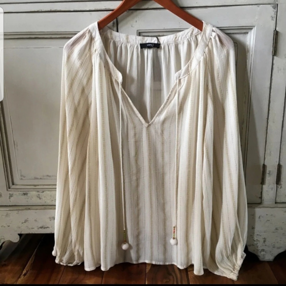 BOHO PEASANT LONG SLEEVE PINSTRIPE PLUS SZ BLOUSE - Picture 2 of 4